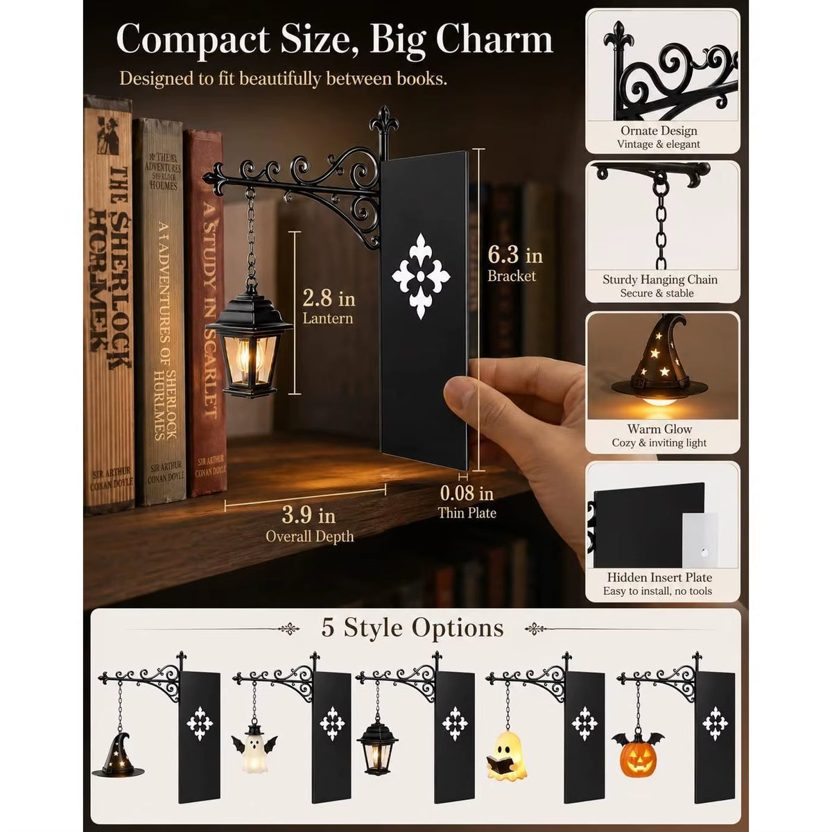 Halloween Hanging Pumpkin Ghost Lantern Bats Beige Acrylic Indoor Wall Mount Battery Powered Foot Operated Decor Light Front