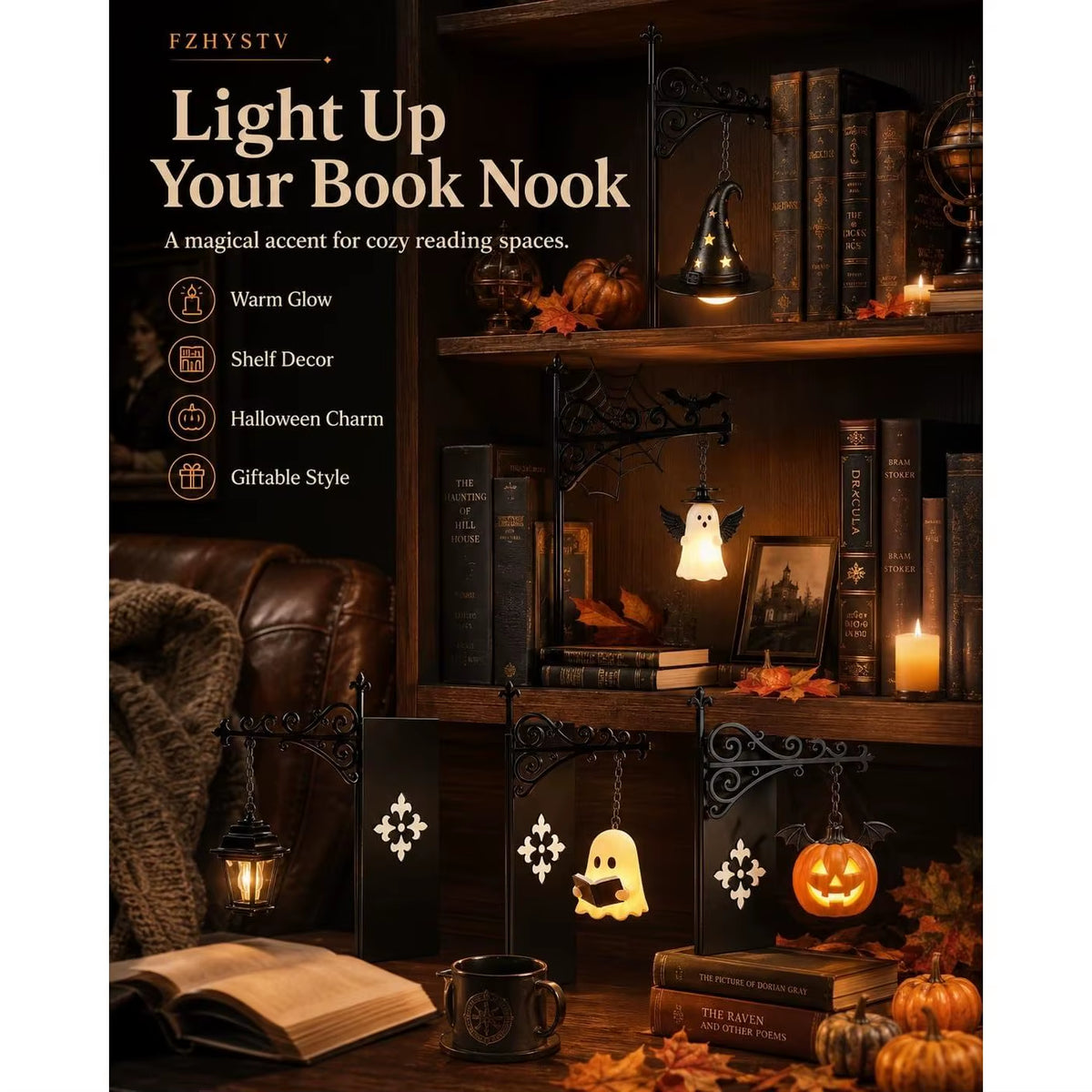 Halloween Hanging Pumpkin Ghost Lantern Bats Beige Acrylic Indoor Wall Mount Battery Powered Foot Operated Decor Light Front