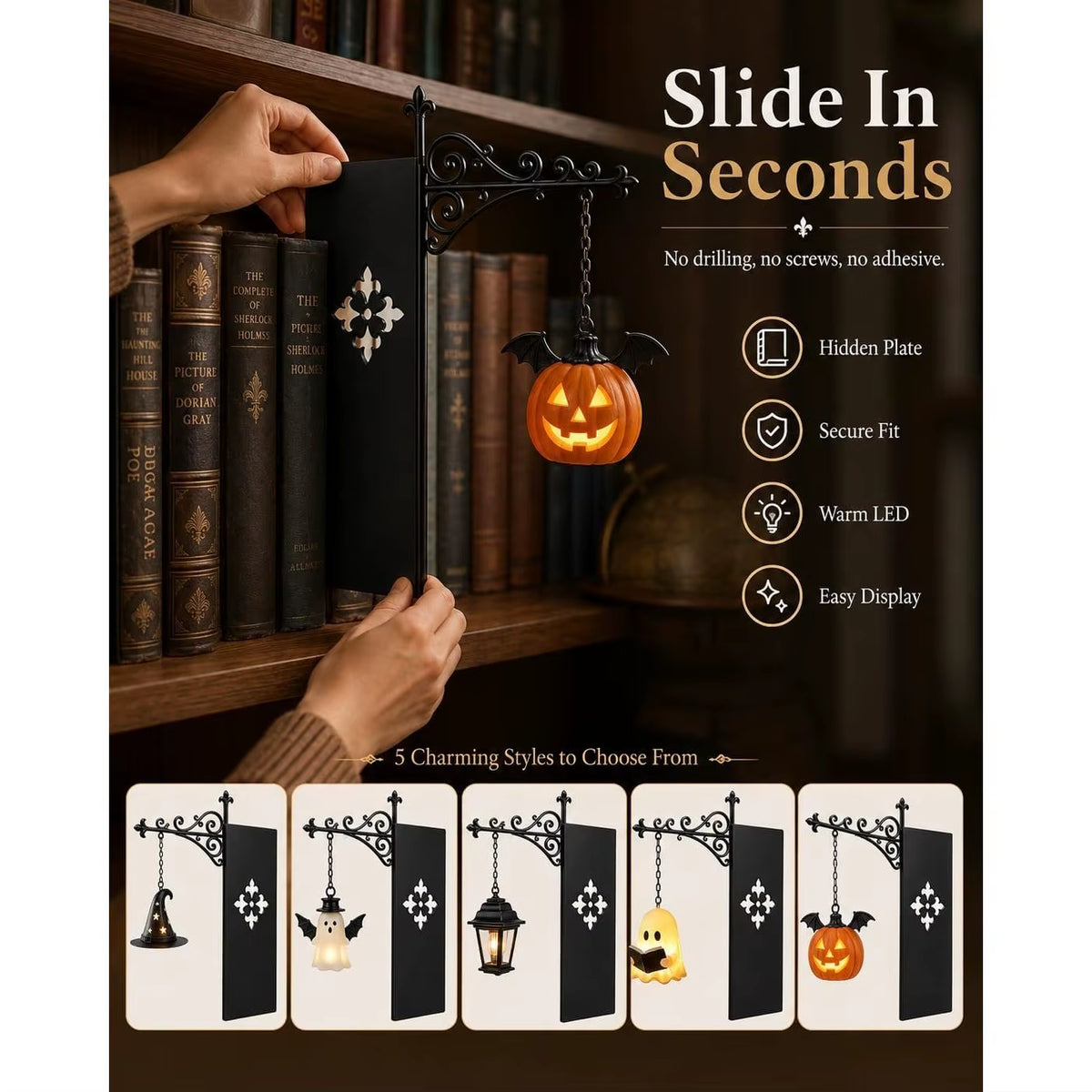 Halloween Hanging Pumpkin Ghost Lantern Bats Beige Acrylic Indoor Wall Mount Battery Powered Foot Operated Decor Light Front