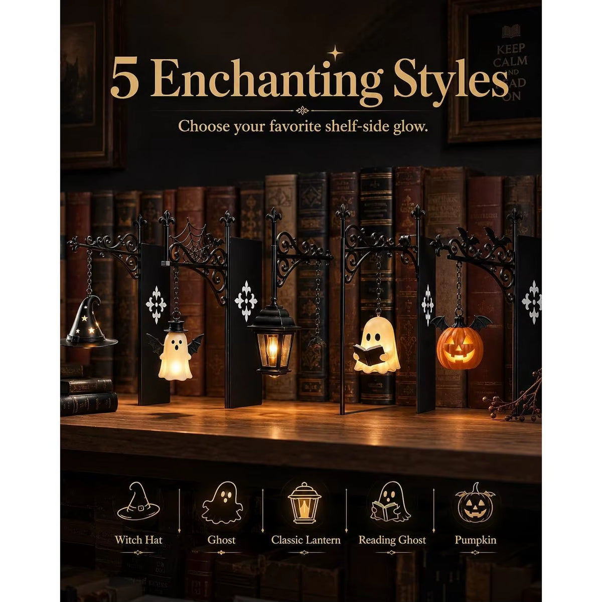 Halloween Hanging Pumpkin Ghost Lantern Bats Beige Acrylic Indoor Wall Mount Battery Powered Foot Operated Decor Light Front
